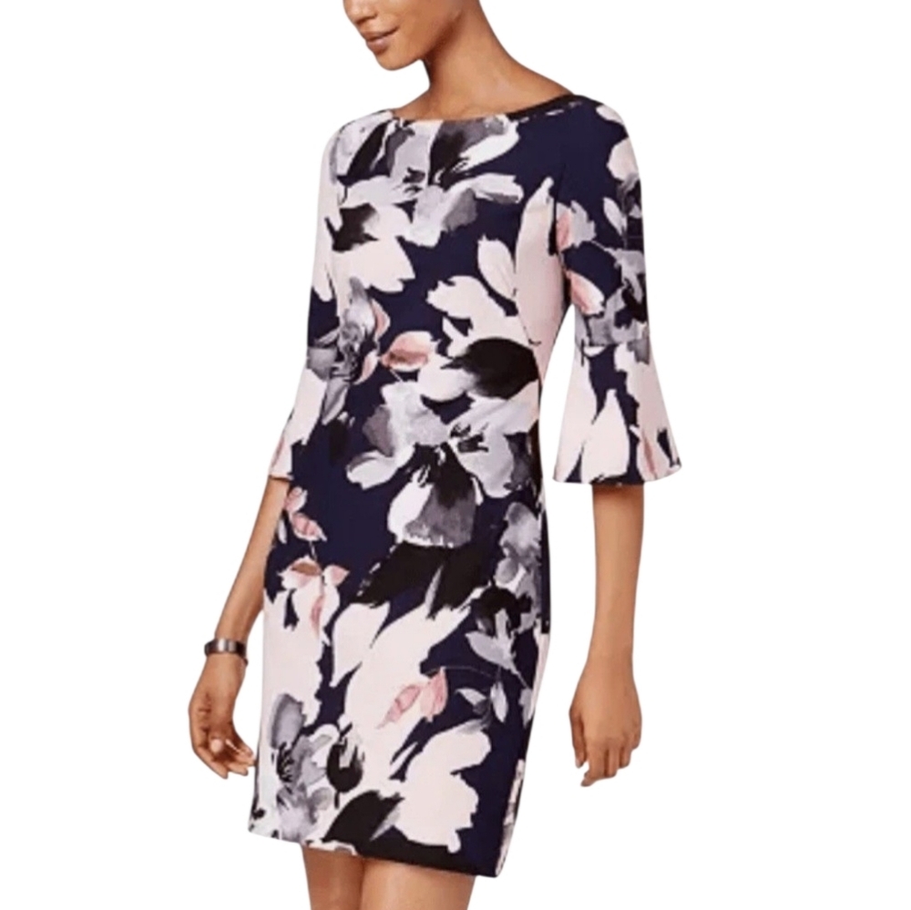 Vince Camuto Navy Blue and Pink Floral Print Bell Sleeve Spring Summer Dress 10